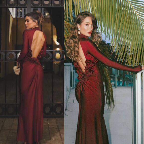 Camila Coelho | Telma Maxi Dress in Burgundy Custom Rosette Detail w Tags XS - Picture 1 of 16